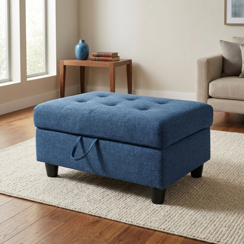 Flint Storage Ottoman | Non-Pilling Fabric | X-Stitching | Solid Wood Frame, Blue