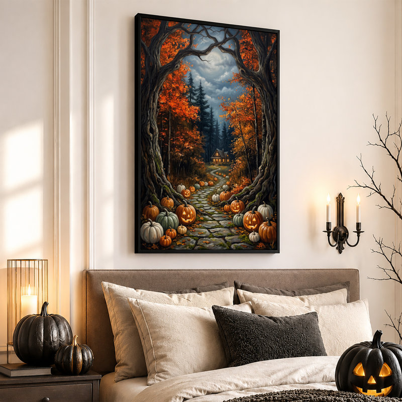 «Autumn Forest Path with Glowing Jack O Lanterns», art mural sur toile, H 36 po x l 24 po