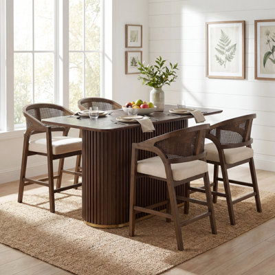 Ensemble de bar 5 pièces Kyra avec tabourets en rotin de style Mid-Century