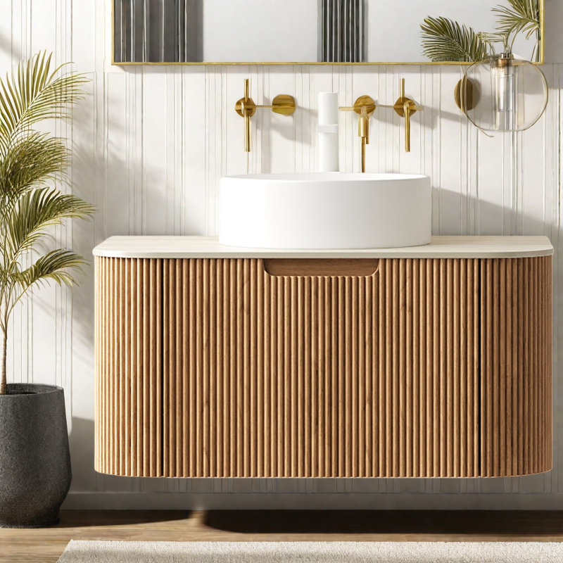 Meuble-lavabo et lavabo gain de place, design moderne imitation bois avec comptoir en céramique durable