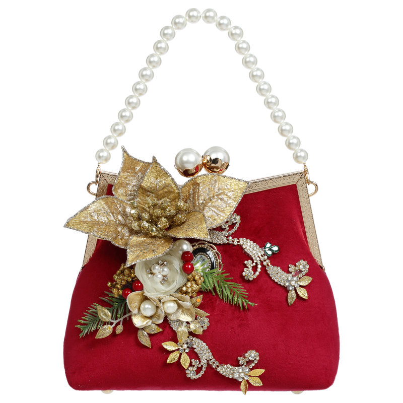Ornement en forme de sac rouge avec chaîne de perles - 9 X 8,5 pouces