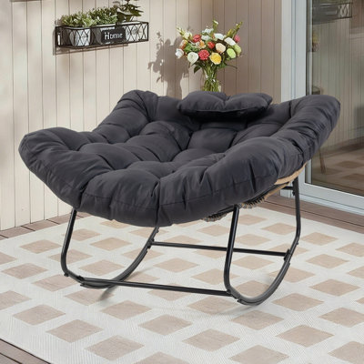 Large Indoor Outdoor Rocking Chair, Papasan Rocking Chair with Thick Cushion, Oversized Wicker Rocker Egg Chairs for Living Room, Bedroom, Patio, Porch, Balcony, Black