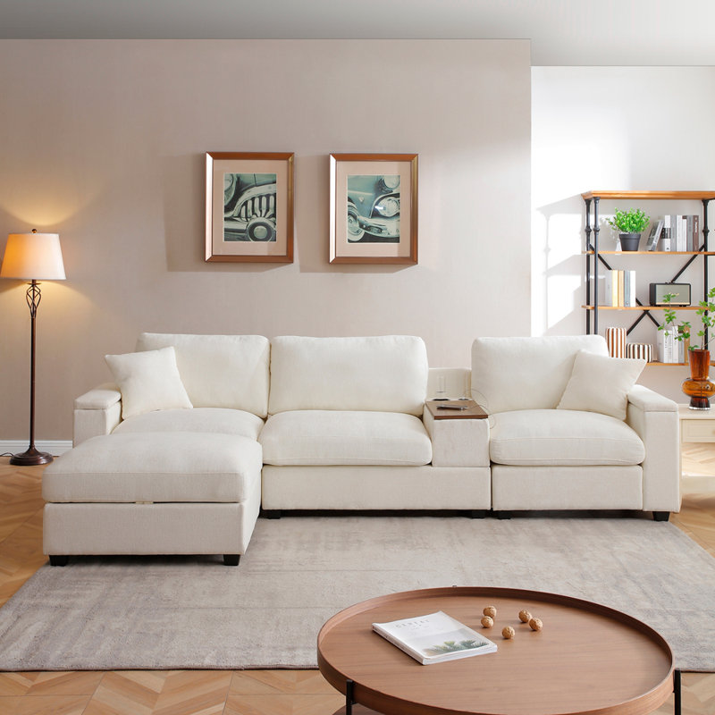 Canapé modulaire de style contemporain de 120,3 po, canapé surdimensionné en L avec table rabattable, plateau pivotant à 360 degrés, porte-gobelets, chargeur USB, repose-pieds avec rangement