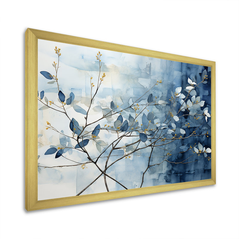 Art mural bleu et gris sur une branche I - Feuilles, H 30 po x l 40 po x P 1,5 po, Cadre doré simple