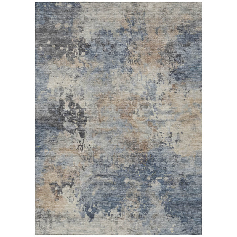 Tapis extérieur lavable abstrait bleu denim et gris anthracite 3 pi x 5 pi