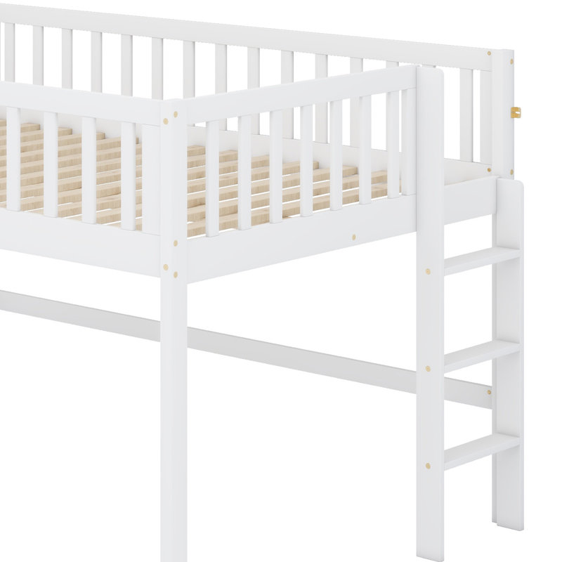 Lit mezzanine en bois massif avec glissade et échelle, Blanc
