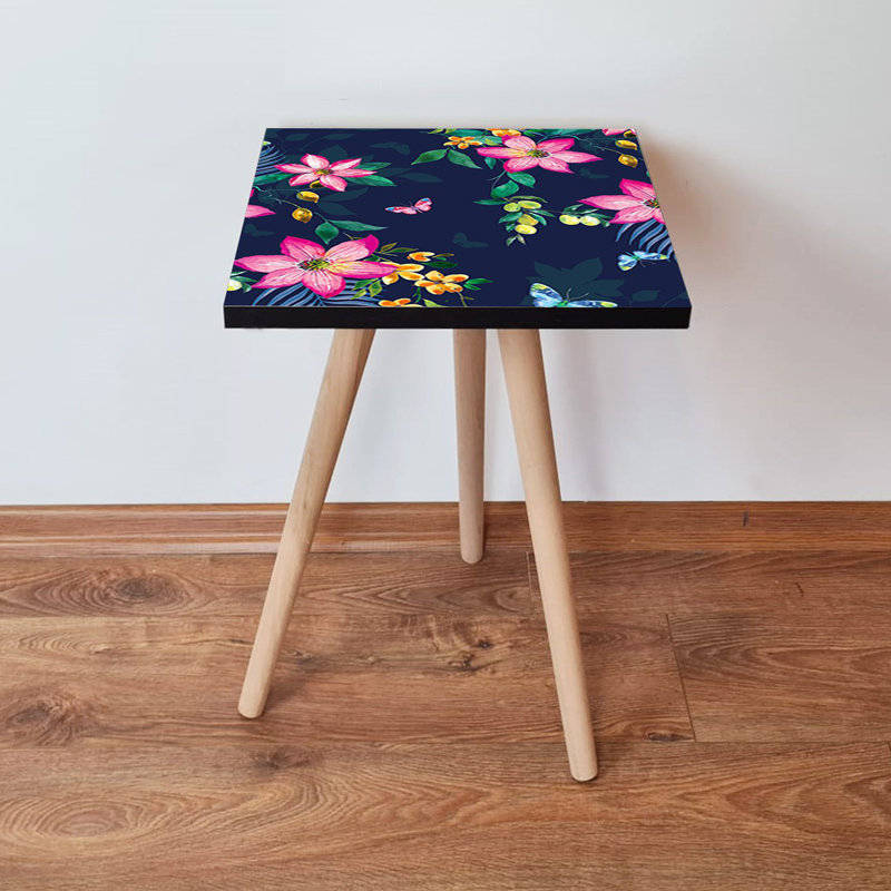Modern Side Table with Beech Wood Legs, 13.8 x 16.5 x 13.8 inches | 100% MDF Construction, Thickness: 0.7 inches | Stylish Floral Design, Perfect for Living Room & Bedroom Decor, Durable & Elegant