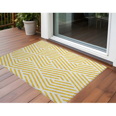 Tapis intérieur antidérapant lavable à motif géométrique doré et blanc 2 pi x 3 pi