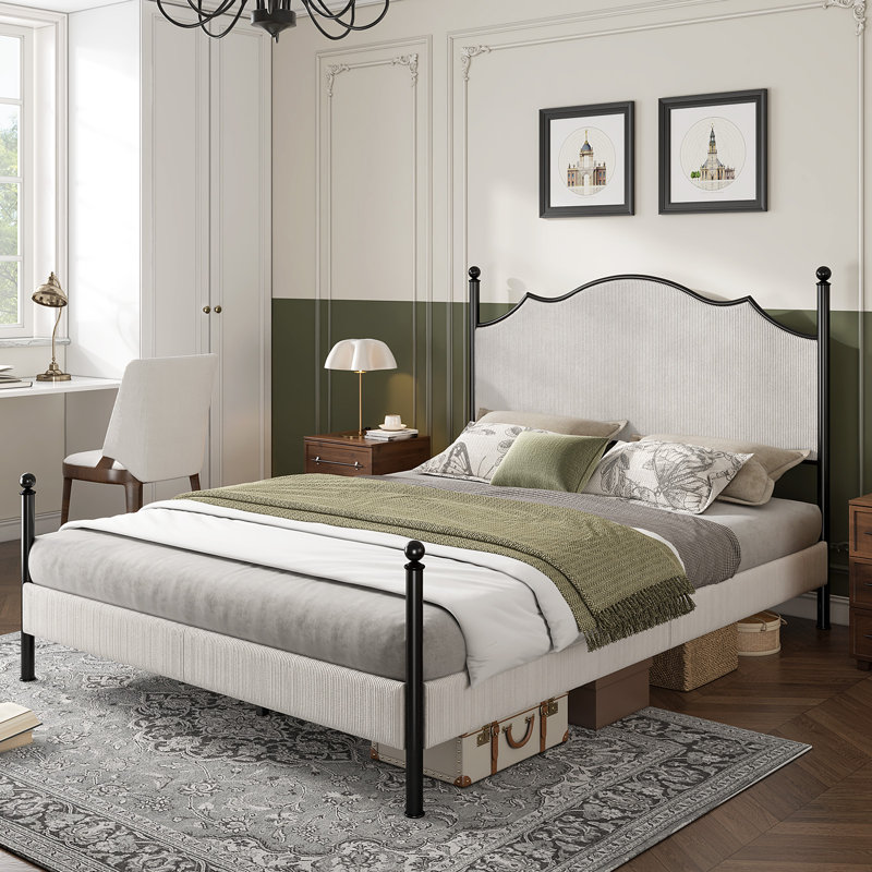 Lark Manor Upholstered Bed Frame With 51.2" Tall Headboard, Metal Four Poster/LED/Easy Assembly, White, Queen