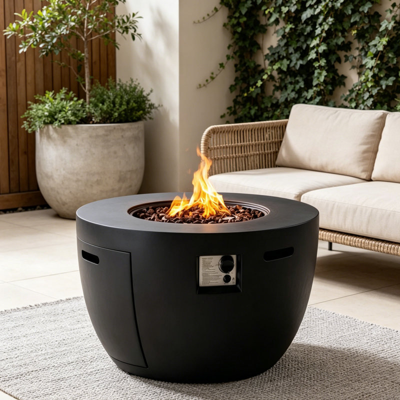 Round Composite Outdoor Fire Pit Coffee Table - 50000 BTU With Iron Lid, Stainless Steel Burner & Weather Cover For Patio & Garden
