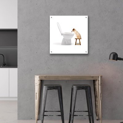  «Chien buvant à la toilette» par John Hovenstine, art mural en verre acrylique, 24 po x 24 po