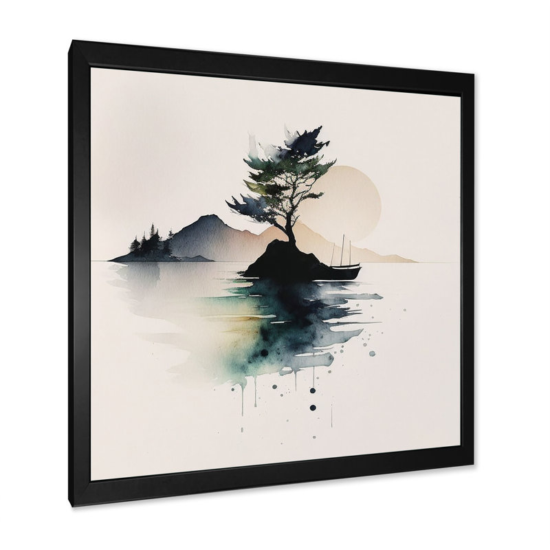 «Green Watercolor Tree by the Lake», reproduction sur toile, H 24 po x l 24 po x P 1 po, Cadre photo noir