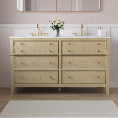 60''Wx35''H Solid Wood Bathroom Vanity With Carrera White Quartz Top,Drawers And Double Sink