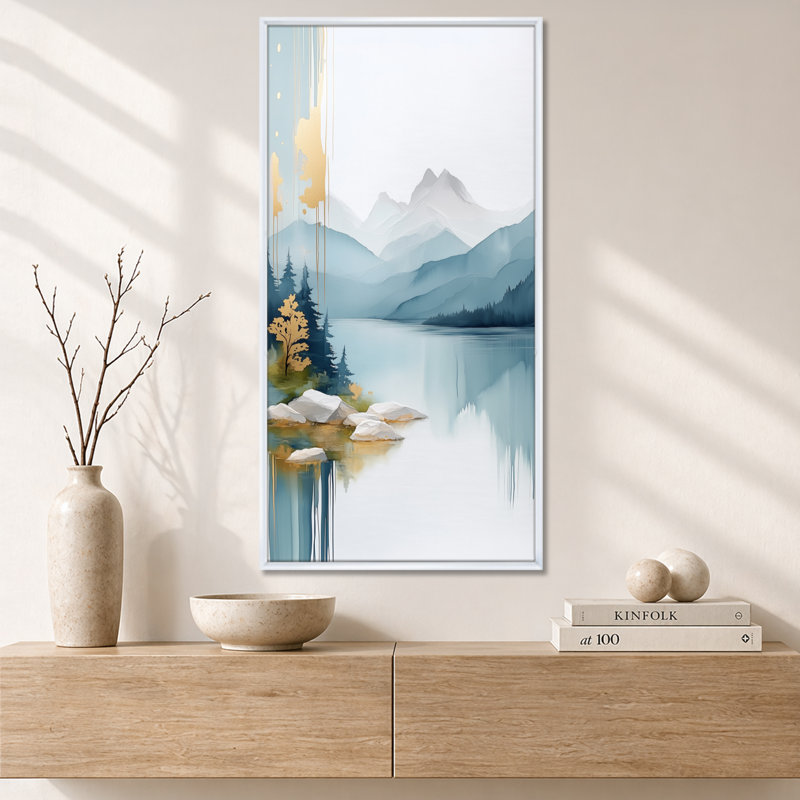 «Blue Gold Alpine Lake Ridge III - Blue Landscape», reproduction d'art sur toile encadrée, H 32 po x l 24 po