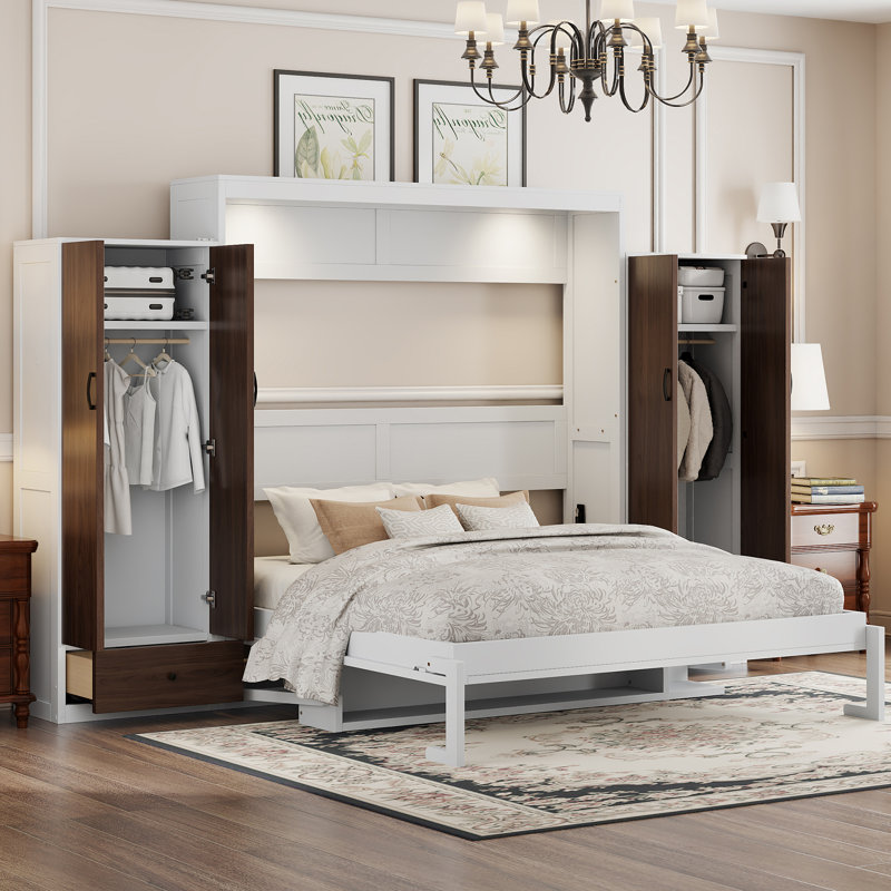 Grand lit escamotable mural avec bureau, garde-robe et tiroirs, armoire-lit pliable, rangement compact, blanc