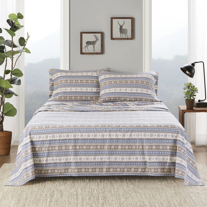 Drap-housse bleu flocon de neige 3 pièces bleu, flanelle 100% coton, finition velours doux, entièrement ajusté, lavable à la machine, avec plat et taies d'oreiller en flanelle
