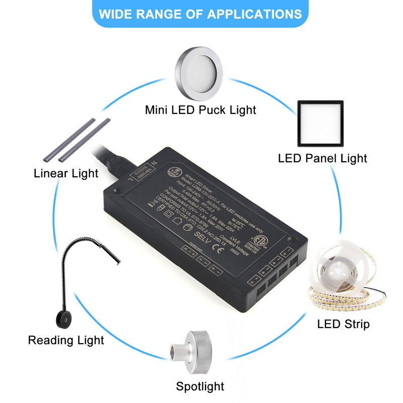 LED Electronic Transformer  Black Led Driver With 6 JST ports and Plug in, 22W