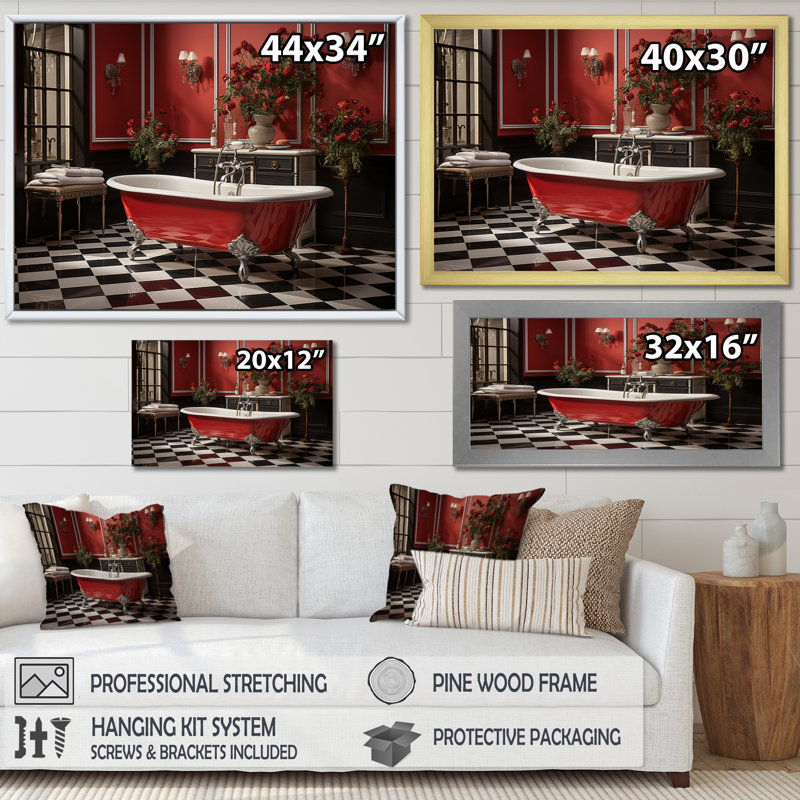 «Red Modern Bathroom Charm IV - Laundry», reproduction d'art sur toile, H 24 po x l 32 po x P 1 po, Cadre flottant blanc