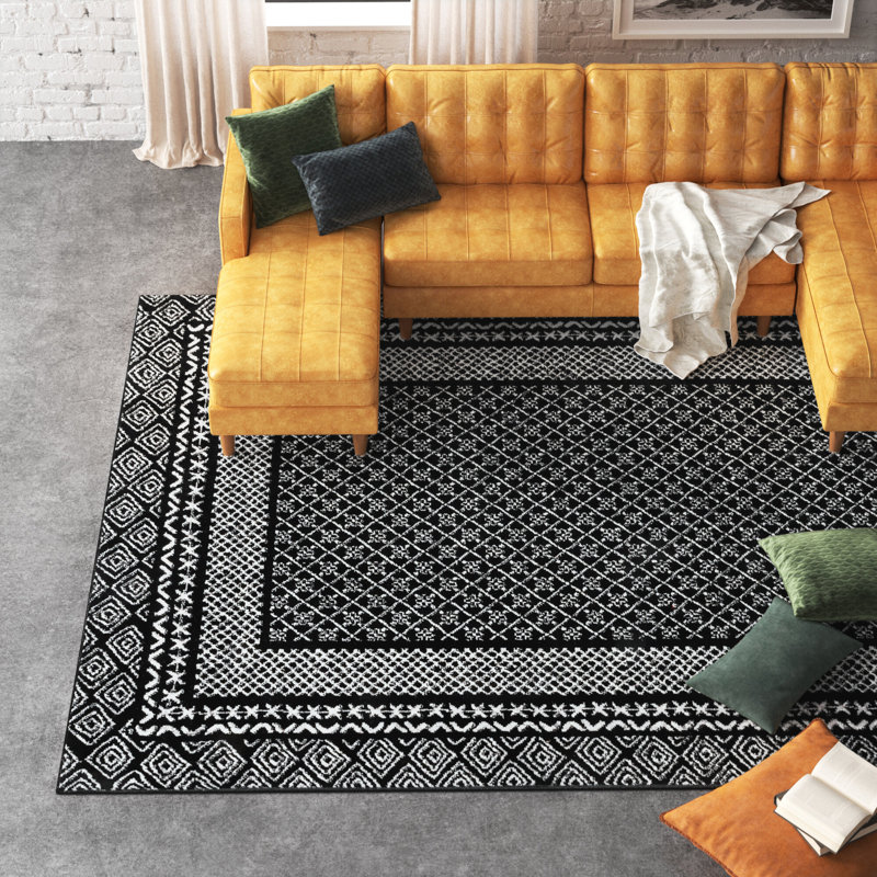 Tapis noir à motif géométrique Kahseem, Rectangle 5 pi x 8 pi