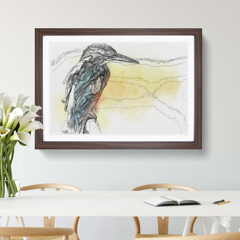 Blue Kingfisher in Abstract - Picture Frame Drawing Print, Walnut Framed, 36cm H x 48cm W x 2cm D