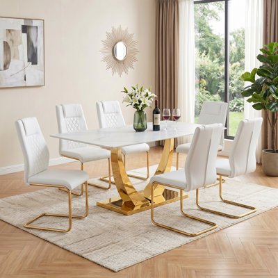 7-Piece Modern Rectangular Faux Marble Dining Set with Diamond-Quilted Cantilever Chairs