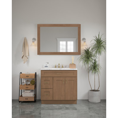 48-in x 34-in Shaker Framed Vanity Mirror, Tan Wood, 9EDB70F49F784DDDA84A5393BC635855