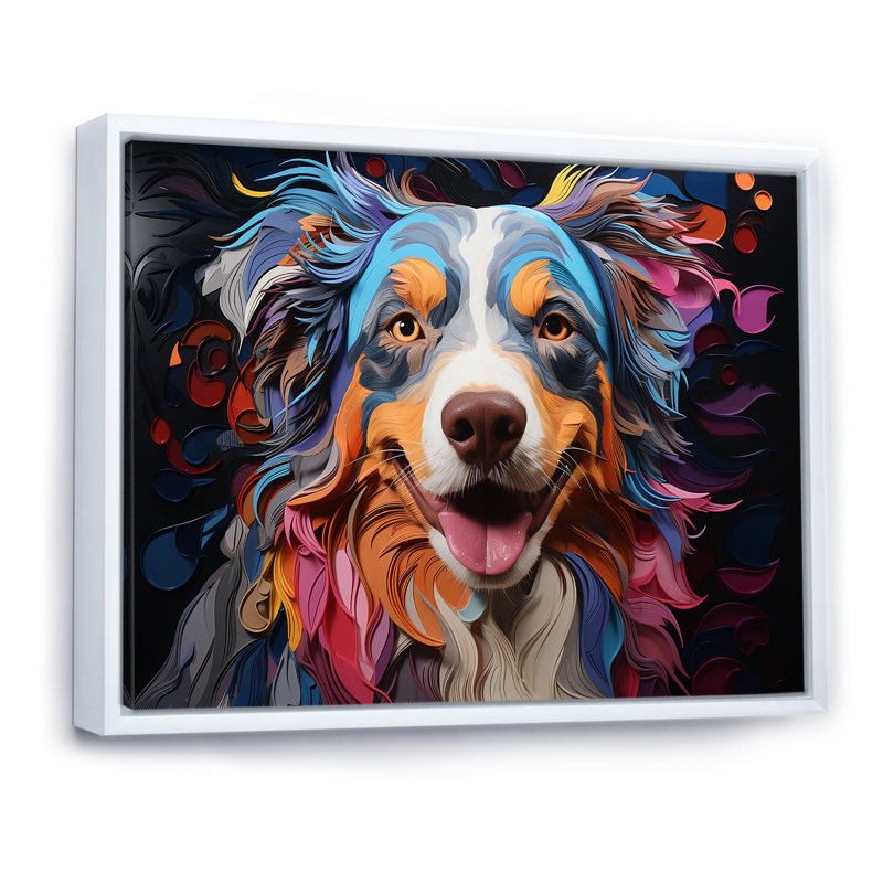Chien, berger australien, impression sur toile, H 30 po x l 40 po x P 1,5 po, Cadre flottant blanc