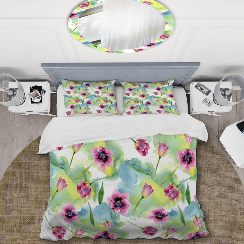 Ensemble de housse de couette en microfibre rose / vert / mauve / jaune, Housse de couette pour très grand lit et 2 très