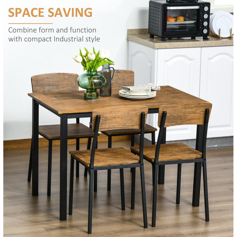 Industrial 5-Piece Dining Set with Dark Walnut MDF and Steel