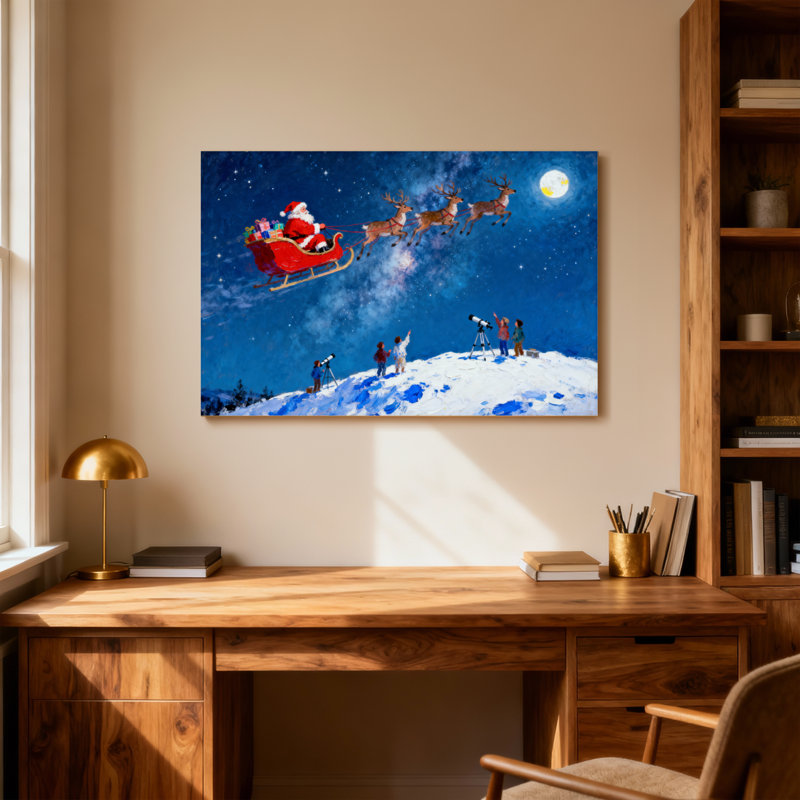 Noël, père Noël, traîneau volant, renne, lune, nuit, neige, télescope, H 32 po x l 48 po