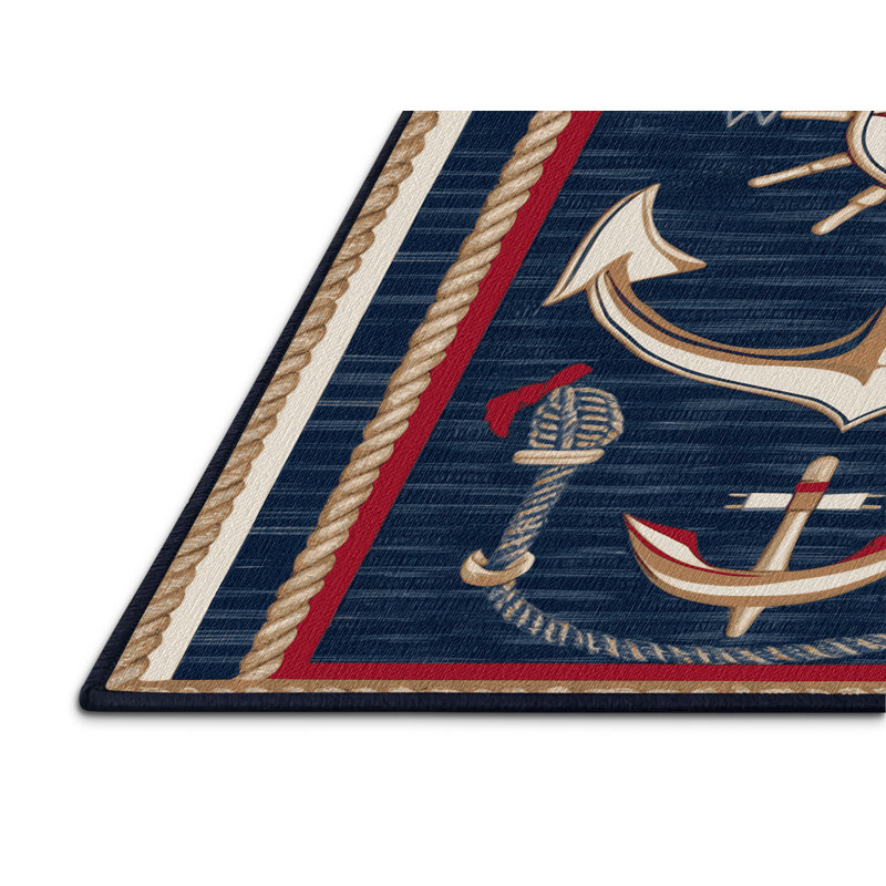 Washable Modern Maritime Nautical Area Rug, Square 4'