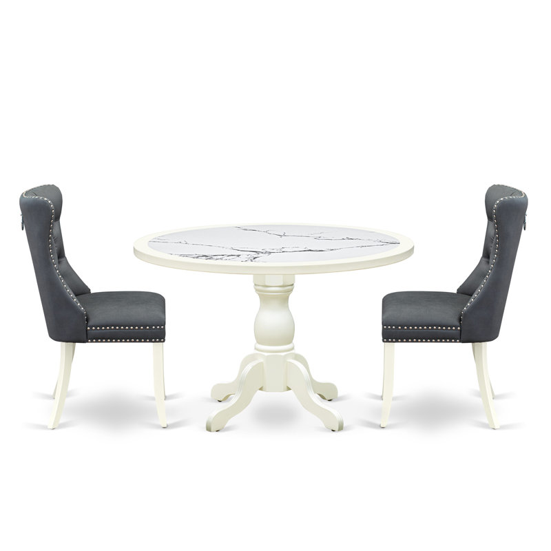 EBBB788E36D54ADF8EA318B82A57CA7E 3-Pc Modern Dining Set Include a Dining Table with Veined Marble Pattern Tabletop and 2 Platinum Gray Faux Leather Chairs, Linen white