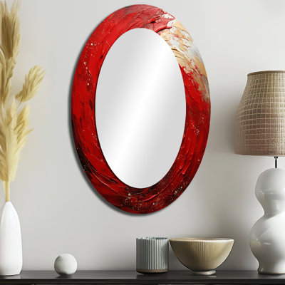 Rouge et or spirale fantaisiste - grand miroir mural ovale sur métal