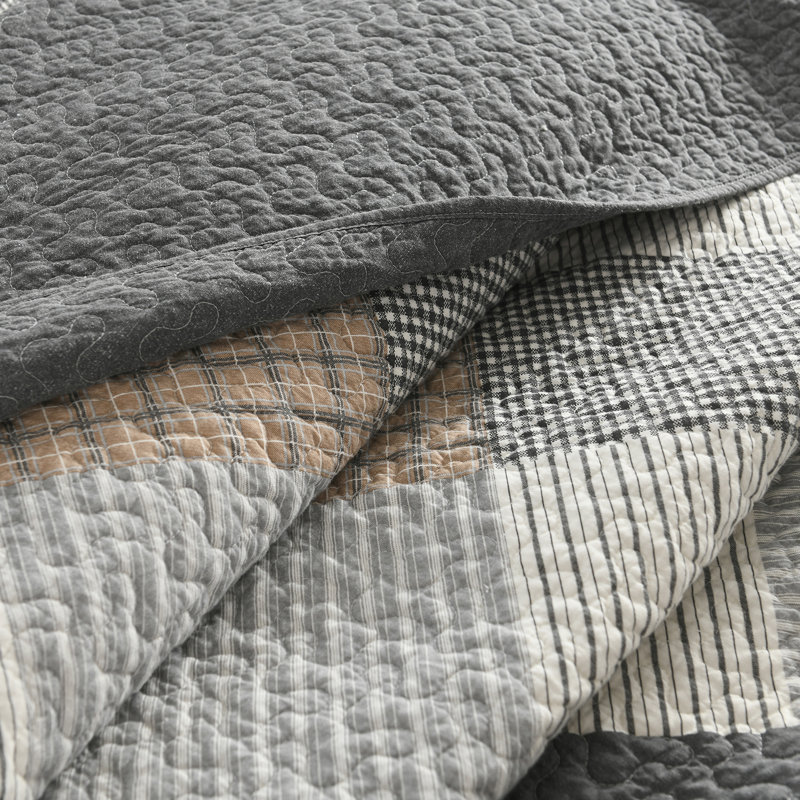 DUOHONG 100% Cotton  Quilted Quilt Set, Queen Quilt + 2 Standard Shams, Gray/White/Brown Plaid
