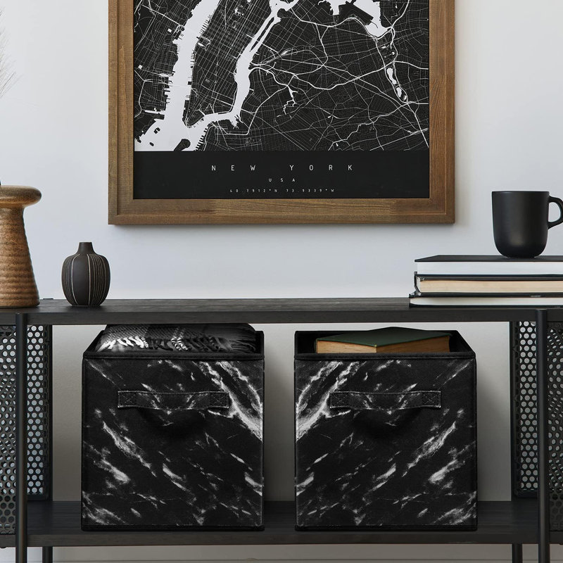 Bacs de rangement en tissu pliables 11 po avec poignées 11 po, noir marbré, Noir / blanc