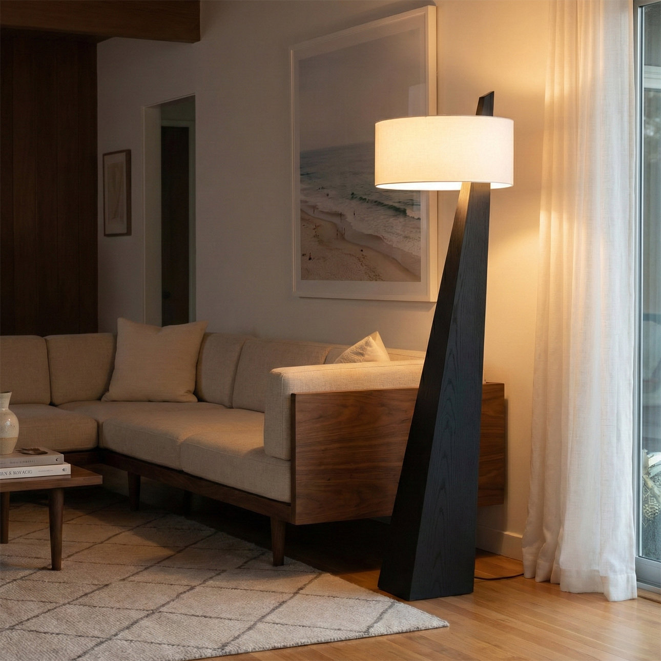 Obelisk 63" Linen Floor Lamp, Black Oak