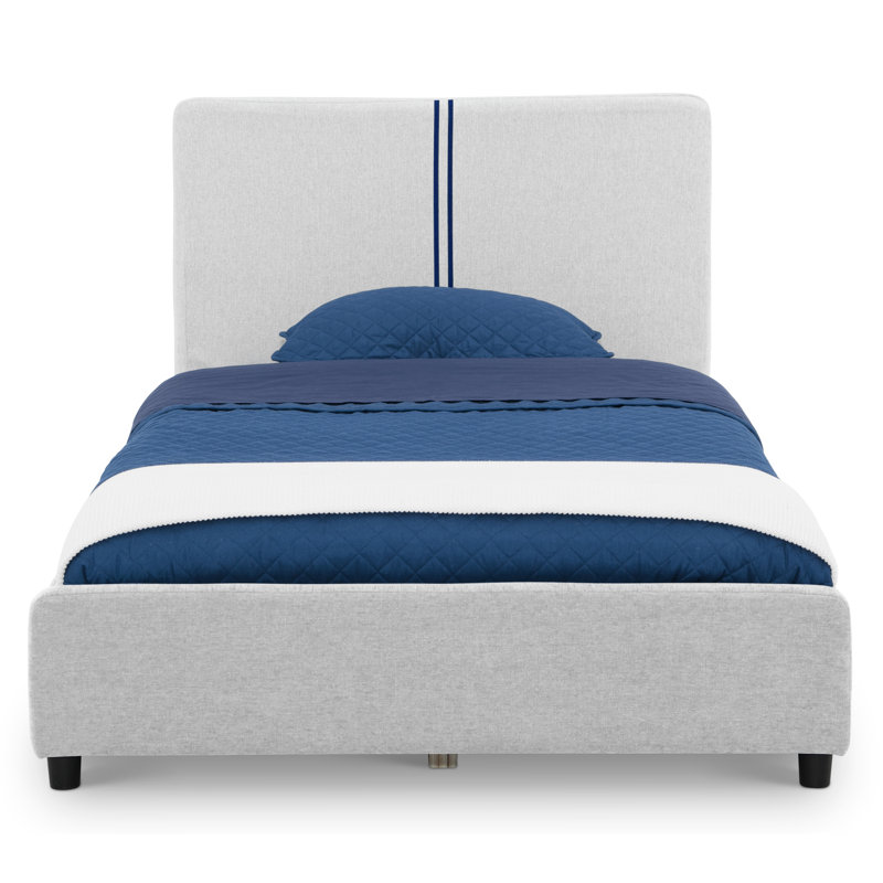 Delta Children Upholstered Twin Size Bed With Headboard, Premium Wood Slat Support, No Box Spring Needed, Easy Assembly, Stripe