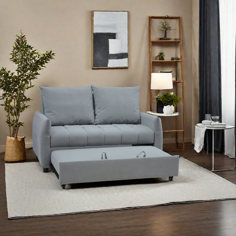 Modern 3 In 1 Sleeper Sofa Couch Bed Pull Out Sofa Bed Convertible Loveseat Light  Sleeper Futon With 2 Pillows & Side Storage Pockets