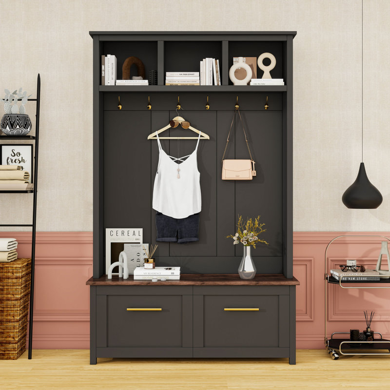 Versatile 4-in-1 Hall Tree with 6 Golden Hooks, Wood Grain Bench with Multiple Storage Space, Black