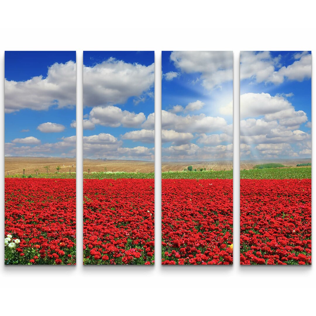 4-tlg. Leinwandbilder-Set Rotes Blumenfeld unter Wolkenhimmel