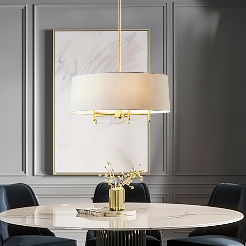 Presidio 5-Light Dimmable Chandelier with Drum-shaped Fabric Shade & Adjustable Height, Gold/White