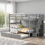 Lit plateforme superposé sur lit double avec escalier de rangement et lit gigogne simple, bois massif gris doux pour chambre à coucher et dortoir-48911256-48911257