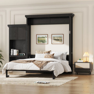 Grand lit escamotable grand avec plusieurs tablettes de rangement et décoration à persiennes, noir