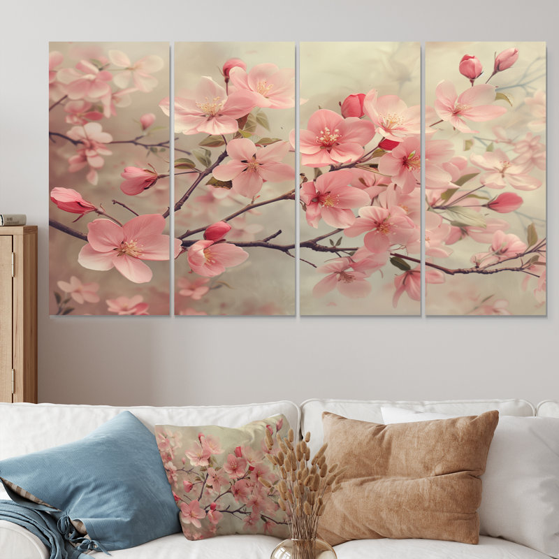 Fleurs de pommier roses et grises du printemps II - ensemble d'art mural, H 32 po x l 64 po