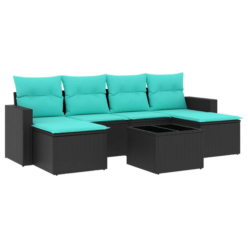 Ensemble de canapé de patio 7 pièces avec coussins en rotin de polyester, Bleu, Noir