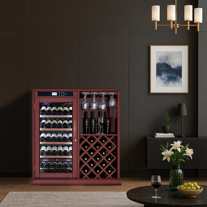 Cherry Wood 69-Bottle Wine Refrigerator Cabinet with Advanced Cooling and Humidity Control