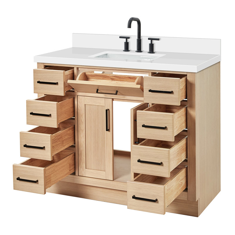 Tidworth 42' Solid Wood Single Bathroom Vanity with 1.5' White Quartz Top, Chêne naturel / noir mat, Forme rectangulaire