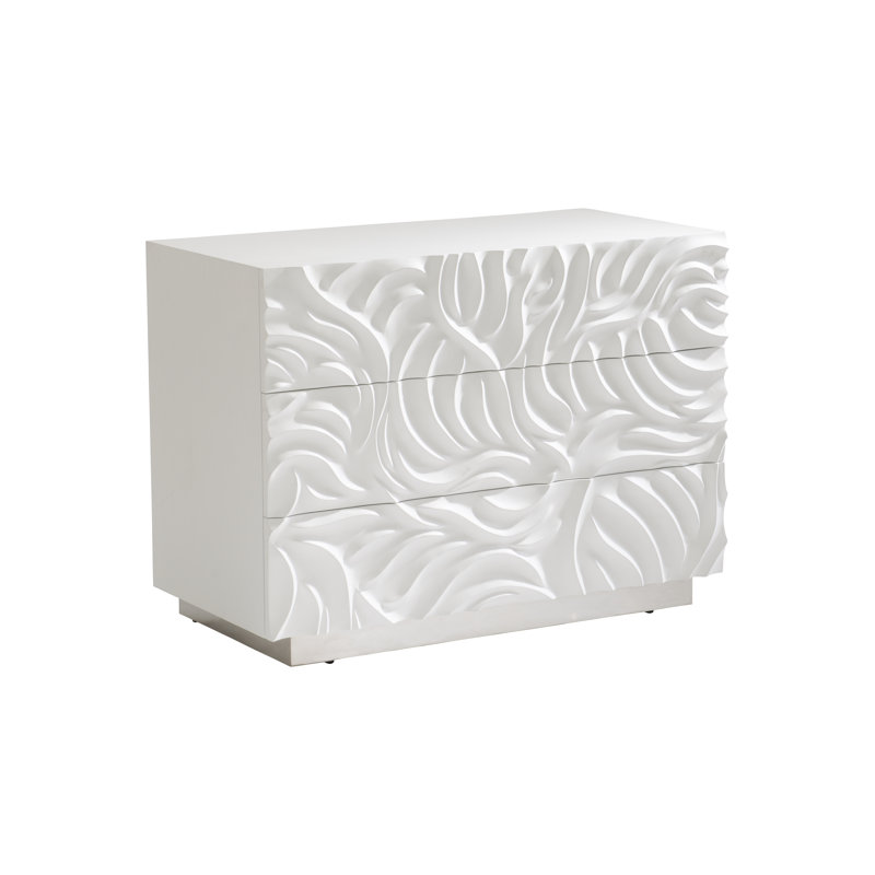 White Textured Resin and Stainless Steel 3-Drawer Nightstand