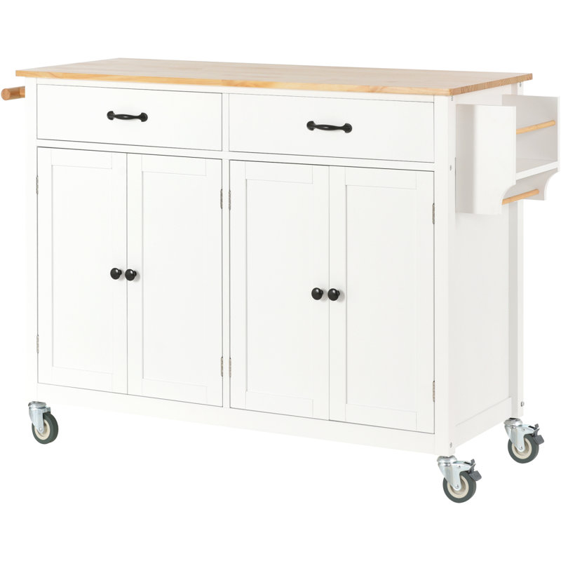 Kitchen Island Cart With Wood Top Coffee Station Rolling Kitchen Cart 4 Door Cabinet And Two Drawers, White