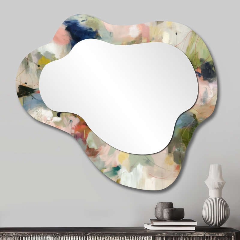 Miroir mural Modern Wavy - Minimalisme abstrait dans les tons de rose et de vert I, impression sur métal, 25" x 28"